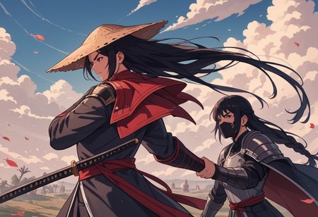 score_9, score_8_up, score_7_up, strawhat, conical hat, 1boy, a heavily armored samurai with shoulder armor and a straw hat, holding a giant katana sword in both hands, ready to fight, asian, long hair, low braid, roninwarriors,  samurai facemask, (monolid:1.3),