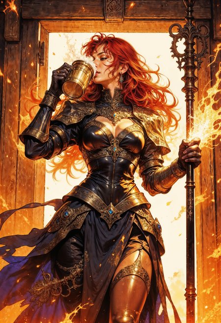 a dynamic scene with a female character at its center. The style is vibrant and detailed, with a focus on dramatic lighting and movement. The character has long, flowing red hair and fair skin, wearing a dark, elaborate outfit with flame-like accents. She is energetically drinking from a large, ornate mug, with flames emanating from her arm. The setting appears to be a wooden interior, possibly a tavern, with warm, golden light streaming in from an open door. A large, decorative staff is held in her other hand, adding to the fantastical theme. The composition is lively, with a sense of action and adventure.