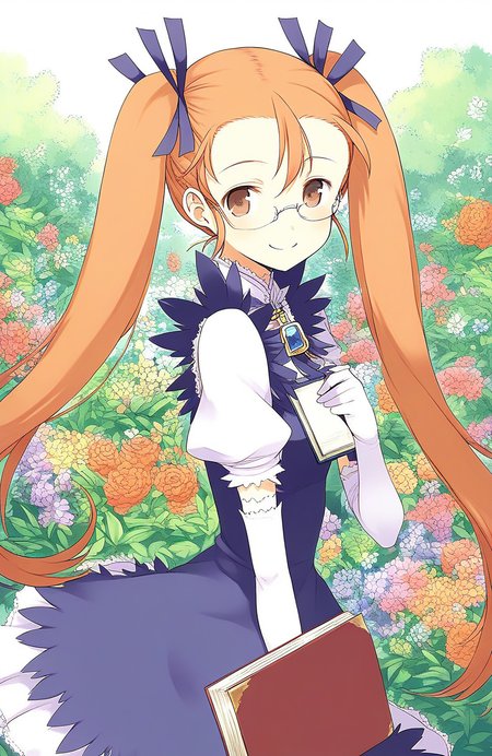 score_9, score_8_up, score_7_up, source_anime, rating_explicit, BREAK  <lora:Aliese_Martini_Ver2.0_XL:1> aliese_martini,
1girl, solo, glasses, gloves, smile, book, elbow gloves,
braid,  looking at viewer, white gloves, twintails, long hair, brown eyes, hair ribbon, brown hair, orange hair,
flower garden,