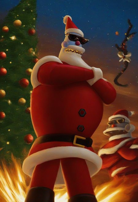 score_9, score_8_up, score_7_up, source_anime, 
detailed eyes, eye reflection,
r0b0t_s4nta_c1aus, robot,
santa costume, santa hat, christmas, sack, merry christmas, gift, fur-trimmed headwear, christmas tree, christmas tree, fur trim, red capelet, gift box, red gloves, fur-trimmed capelet, santa gloves, red hat, hat,
outdoors, snow,
dutch angle,, <lora:sinfully_stylish_SDXL.safetensors:1.0>, <lora:AdvancedEnhancerXLv2.safetensors:1.0>, dutch angle, detailed eyes, (detailed background:1.2), (anthro, furry:1.15), <lora:Robot_Santa_Claus_Futurama.safetensors:0.8>, r0b0t_s4nta_c1aus, solo, crossed arms, headgear, holidays, christmas, sunglasses, headwear, gift, hat, no humans, candy cane, eyewear, clothing, anthro, candy, santa hat, plant, explosion, food, robot, christmas clothing, christmas headwear, male, sharp teeth, star (symbol), 1boy, bell, teeth