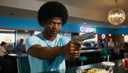 (medium full shot), photo, RAW, DSLR, realistic, ultrasharp, highly detailed, masterpiece, best quality, detailed, hyperrealism, absurdres, detailed, 
BREAK
cinematic film still of, <lora:Pulp Fiction style:1>, 
Jules Winnfield a man holding a gun in a restaurant, 1911 series, solo, looking at viewer, shirt, black hair, 1boy, holding, brown eyes, white shirt, weapon, male focus, dark skin, holding weapon, blurry, gun, facial hair, dark-skinned male, blue shirt, holding gun, handgun, realistic, revolver, afro, bullet hole, 1990's, 90's, film, cinematic, iconic scene, crime and violence, classic, graphic violence, Kodak film, motion picture image, Pulp Fiction style, Pulp Fiction Film style, shallow depth of field, vignette, highly detailed, high budget, bokeh, cinemascope, moody, epic, gorgeous, film grain, grainy, 
BREAK
<lora:fixl-art :1>, fixl-art, <lora:darkfantasystyle:0.65>, drkfntasy, <lora:ImgFixerPre0.3:1>, ImgFixerPre0.3, <lora:aidmaImageUpgraderSDXL-v0.3:1>, <lora:zy_Detailed_Backgrounds_v1:1>, extremely detailed, <lora:extremely_detailed:0.3>, <lora:d\EnvyActionShotXL01:0.8>, Stable-Yogis-Makeup-Enhancer-XL, action shot, aidmaImageUpgrader, Pulp Fiction style, <lora:Pulp Fiction style:1>
