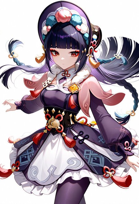 1girl. solo, GSYunJin, long hair, breasts, black hair, hair ornament, red eyes, medium breasts, blue hair, braid, purple hair, multicolored hair, blunt bangs, twin braids, makeup, tassel, eyeshadow, hime cut, red eyeshadow,
long sleeves, dress, hat, pantyhose, frills, puffy sleeves, black dress, black pantyhose, fur trim, black headwear, capelet, frilled dress, multicolored clothes, puffy long sleeves, purple dress, pom pom (clothes), corset, fur collar, vision (genshin impact), purple headwear, bonnet, flower knot, purple pantyhose, black corset, pink capelet, multicolored headwear,
dynamic pose,