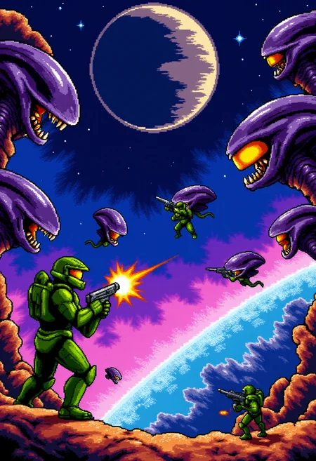 <lora:KFT_2d_Pixel_Style_FLUX-000017:1>
The image is a vibrant kftpxl pixel art illustration featuring    Master Chief shooting at aliens in space