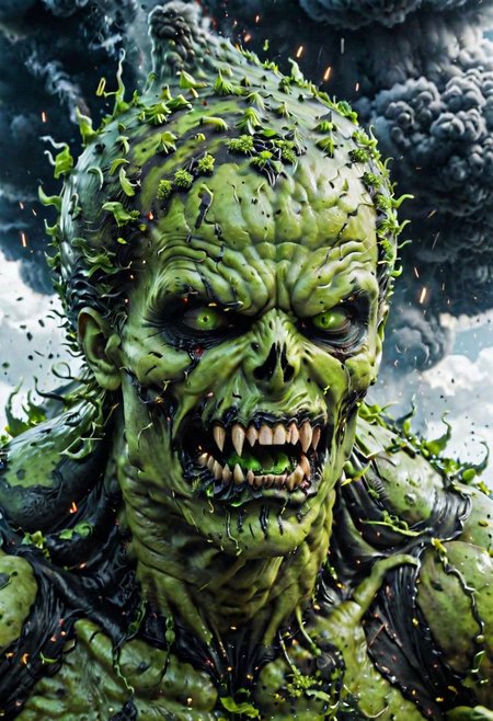 According to the rules, in such cases, it was supposed to become a black impenetrable cloud, fill the entire space with itself, catch up with green DEVIL SPAWN horror and look at him with an ominous luminous look from nowhere and from everywhere, which Bomchi immediately did.  Feeling of fear, feeling of horror,rich colors, ultra clear image, more realistic, high resolution photos, 8K HD wallpapershigh quality, intricate details,  ultra detailed, ,depth of field, 8k resolution trending on Artstation Unreal Engine 5, Epic,detailed background, <lora:xl_more_art-full_v1:1.2>  <lora:JuggerCineXL2:0.8> , Cinematic,  <lora:EnvyActionShotXL01:0.8> action shot