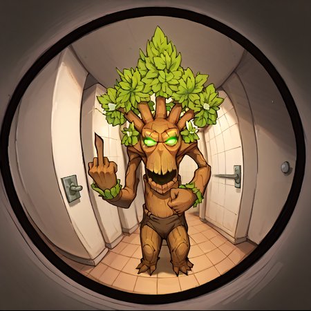 score_9, score_8_up, score_7_up, BREAK solo, <lora:NSTreantWoW:1> NSTreantWoW, brown skin, green eyes, glowing eyes, green hair, short hair, monster <lora:doorFisheyeConceptPDXL_v10:1> fisheye, outdoors, hallway, middle finger, smug
