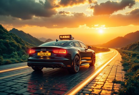 Makroshot close-up on a airport follow me car driving on a fantasy road towards the sunset.
The follow me car is displaying the text: "Follow me BUZZ" on its digital display. The car lights are flashing. The follow me car is driving on an a golden brick road made of light.
The golden brick road curves through rolling hills of an lush fantasy world. The vanilla sky is bright, colourful and filled with lush clouds.
The composition of the image is using strong guiding lines to create a focal point in the center towards the sunset and the follow me car. The text on digital display of the follow me car is clearly visible: "Follow me BUZZ"
The colours used in the image are dominated by gold and deep colourful cyan. Lush greens and yellows, deep dark hues are added as counterparts.
glowing, light particles, made of light, aidmaMJ6.1, microworldlora