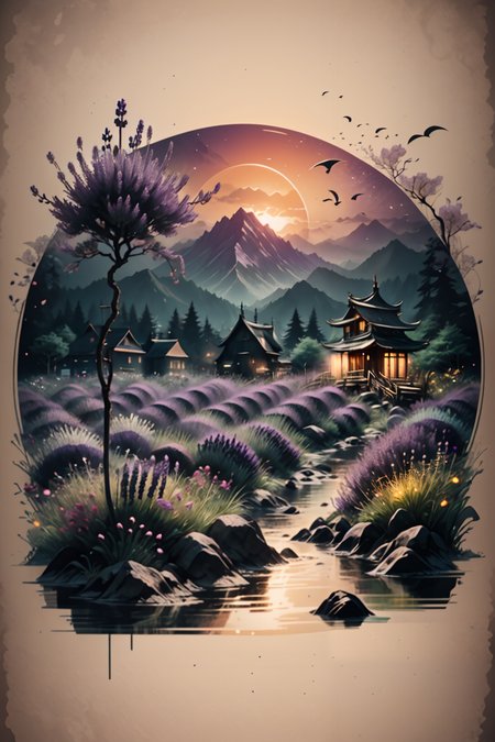 <lora:Calligraphy-ink-style-darquelilly-v1:1> calligraphyinkstyle, a lavender field with lupins, harmonic fusion, volumetric lighting, night time, moonlight, black background, <lora:dAIversity-LoRAtest-Photoreal-SD15-01:0.7>,, detail colour is purple, yellow zirkons <lora:Crystals:0.7> crystalz