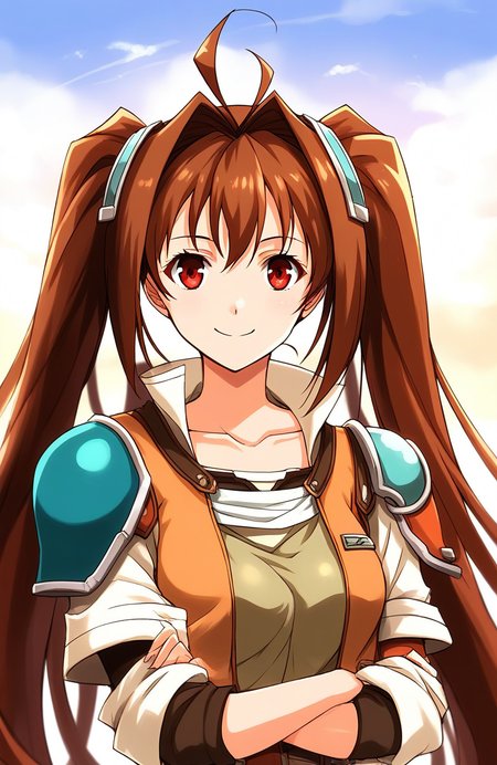 score_9, score_8_up, score_7_up, source_anime, rating_explicit, BREAK  <lora:Estelle_Bright_XL:1> Estelle_Bright, brown hair, very long hair, twintails, ahoge, red eyes, hair intakes, medium breasts,
1girl, solo, smile, shoulder armor, looking at viewer, jacket, pauldrons, upper body, armor,  single pauldron, shirt, collarbone, breasts, closed mouth, leather
day, sky,
smile,
looking at viewer, 
cowboy_Shot,
