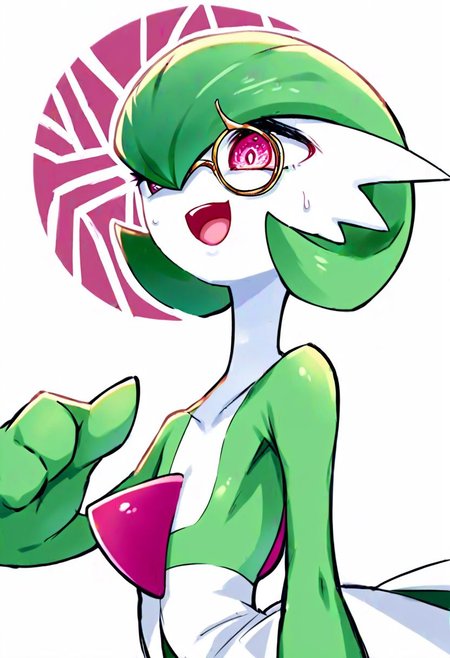 score_9_up, score_8_up, score_7_up, Score_6_up, Score_5_up, Score_4_up, source_anime, (masterpiece, perfectly detailed, detailed face, detailed eyes, beautiful eyes),  8K, extremely detailed, perfect face, PokeMaster_PS, gardevoir_pokemon, monocle, round eyewear, bob cut, colored skin, flat chest, forced smile, green hair, multicolored skin, open mouth, pink eyes, pokemon (creature), simple background, squeezing, sweatdrop, two-tone skin, white background, white skin