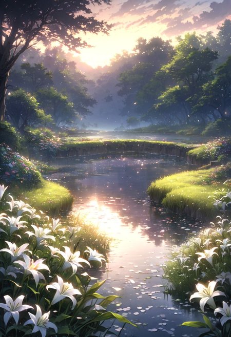 detailed background,( Calm spring night landscape), amongst lush greenery, beautiful view, lily flower in full bloom, lily flower, early morning, sunrise sky, beautiful clouds, dappled sunlight, beautiful, Tranquil Lake, Walkway, petals dancing in the wind, depth of field, masterpiece, best quality, ultra-detailed, very aesthetic, illustration, perfect composition, intricate details, absurdres, moody lighting, wisps of light, no humans,