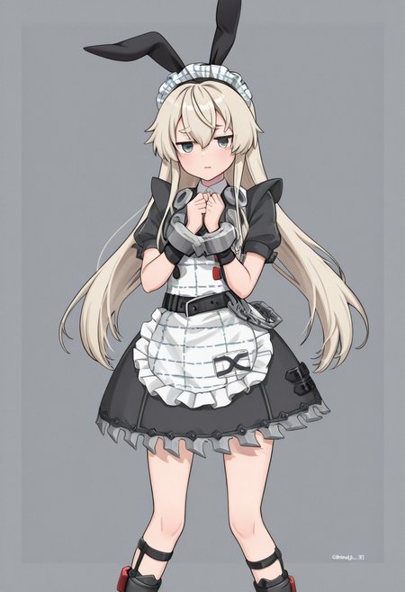 1girl, solo, shimakaze (kancolle), long hair, hairband, rabbit ear hairband, blue eyes,  hair ornament, maid headdress, black dress, puffy short sleeves, frilled apron, high belt, chains, shin strap, black wristband, metal cuffs, black boots, frilled dress, striped apron