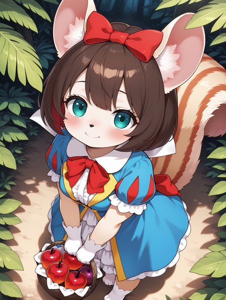 fairy tail - snow, 1girl, apple, solo, smile, white paw gloves, holding backet, looking at viewer, red bow, blush, simple background, tail ornament, blue frilled dress, closed mouth, standing, squirrel girl, white paw socks, from above, animal nose, body fur, jungle, 
masterpiece,best quality,amazing quality,very aesthetic,absurdres,newest,<lora:Fairy Tail snow illuXL v1.1:0.77>,