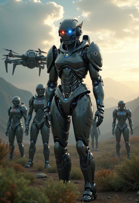 realistic scenery, ultra high quality, very detailed, a gorgeous heavily armored female space marine stands in front of her comrades, natural eye color, a drone supports the squad, hostile foreign planet, gloomy clouds, sunrays, strange foreign flora, extreme close up, Robo, <lora:FluxRoboStyle>