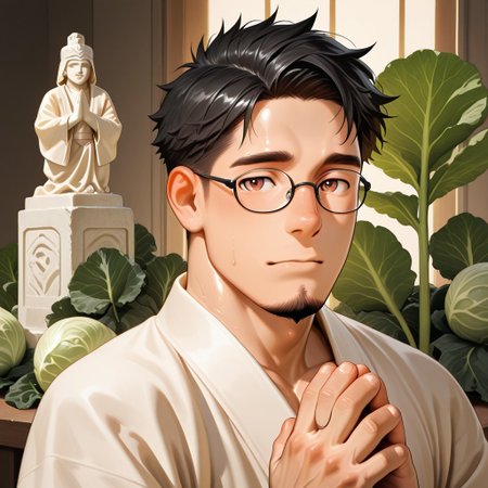 masterpiece, best quality, amazing quality, absurdres, newest, detailed background, definition so sharp, Ultra-HD, 8K cinematic, very awa, impressionate, amazing quality, highres, 
solo, male focus, manly, shadow, shiny skin, pastel colors, warm color, delightful,
a praying statue, glass shard, BREAK ettaphyl (1boy, bara, short hair, black hair, brown eyes, glasses, goatee,), extream close-up, robe made of cabbage, cjdl, vegetable, cabbages