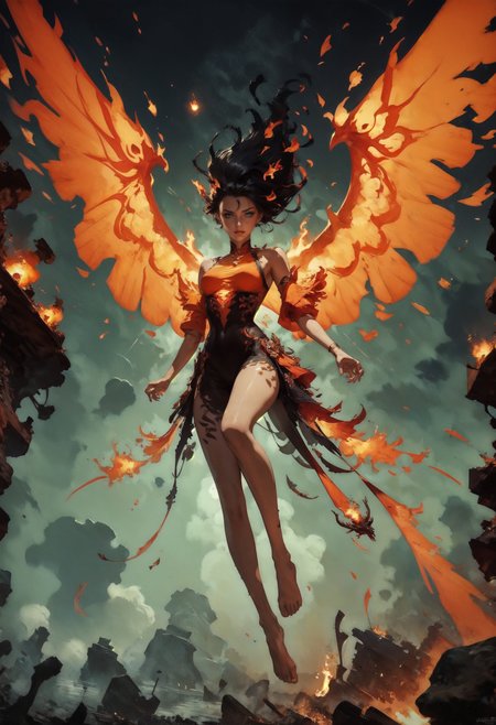 score_9, score_8_up, score_7_up, score_6_up,  1girl, (solo), black hair, female phoenix, floating, flying, fiery wings, inferno, fire, flames, lava made, translucent, fantasy, glowing, barefoot, knva, halftone effect, Expressiveh  <lora:sinfully_stylish_SDXL> <lora:add-detail-xl:1> <lora:xl_more_art-full_v1:0.7> <lora:Kenva:1> <lora:Concept Art Twilight Style SDXL_LoRA_Pony Diffusion V6 XL:1> <lora:Expressive_H-000001:0.8>