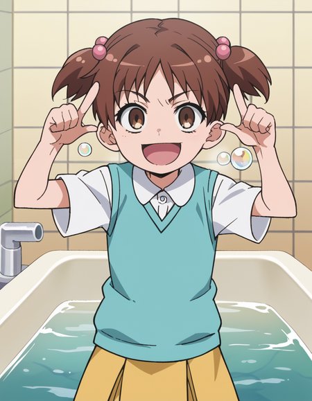 score_9, score_8_up, score_7_up, source_anime, <lora:kana-hazamaya-s1-ponyxl-lora-nochekaiser:1>, kana hazamaya, short hair, brown hair, hair ornament, twintails, brown eyes, hair bobbles, short twintails, child, anime screencap,, skirt, school uniform, sweater vest, blue sweater vest,, bathtub, water, bubbles, steam, towel, smile, <lora:horns-pose-ponyxl-lora-nochekaiser:1>, horns pose, index fingers raised, angry, steam, open mouth, shouting, anger vein,, looking at viewer, solo,, dutch angle, cowboy shot