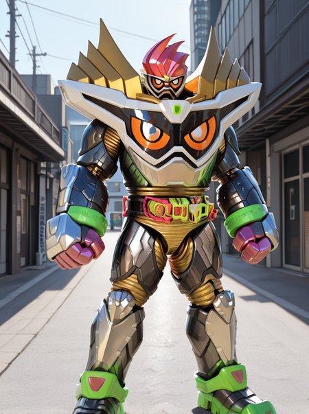 masterpiece, best quality, amazing quality, very aesthetic, absurdres, newest,shiny skin,    <lora:exaid99:1>exaid99, armor, 1boy, clenched hands, tokusatsu, looking at viewer, standing, robot, orange eyes, helmet upper body,
