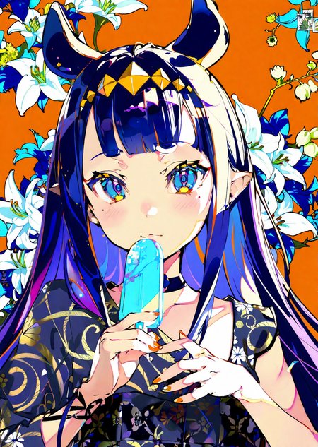 ninomae ina'nis, 1girl, virtual youtuber, popsicle, food, long hair, pointy ears, solo, sidelocks, mole under eye, bangs, purple hair, tentacle hair, multicolored hair, orange hair, gradient hair, blunt bangs, flower, mole, looking at viewer, blue flower, blue eyes, holding, very long hair, holding food, blush, eating, upper body, choker, animal ears
by  taiki