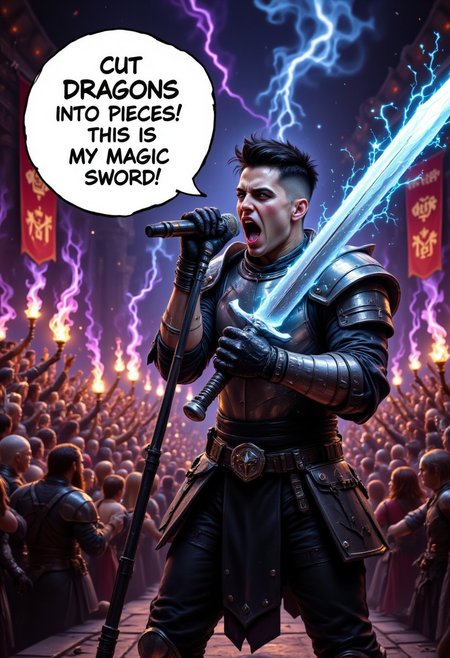 A medieval knight who closely resembles the lead singer of Papa Roach stands on a grand stage, screaming passionately into a microphone. His armor is a blend of medieval and rock aesthetics, featuring jagged, edgy designs with glowing magical accents. His short, spiky black hair, multiple facial piercings, and bold black eyeliner amplify his rebellious presence. The backdrop is a roaring medieval rock concert, with an electrified crowd of knights, mages, and fantastical creatures waving torches and banners. His microphone glows faintly, hinting at magic. A large speech bubble emerges from the knight’s mouth, boldly displaying the words, 'Cut Dragons Into Pieces! This Is My Magic Sword!' The atmosphere is an intense fusion of rock energy and medieval fantasy