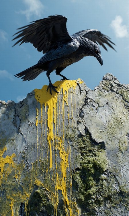 hyper-realistic digital artwork depicting a large, lifelike crow perched on a crumbling, weathered wall. The crow is rendered in meticulous detail, with its feathers depicted in a variety of textures, from smooth to rough, and its beak and talons sharply defined. The bird's wings are spread wide, creating a dramatic effect as it appears to be taking flight.The wall it clings to is covered in a mixture of textures and colors, with patches of yellow paint dripping down in thick, viscous strands, contrasting starkly against the gray and green tones of the wall. The paint appears to be melting and flowing, giving the wall a surreal, almost organic appearance. The texture of the wall is rough and uneven, with cracks and patches of moss adding to the sense of decay.The background is a gradient of blue sky, which fades into a lighter blue at the top, suggesting a bright, sunny day. The wall and crow are positioned in the center of the image, with the crow's head slightly turned to the right, creating a dynamic composition. The overall style is hyper-realistic, with a strong emphasis on texture and detail, making the image both visually striking and thought-provoking.,aidmaimageupgrader,aidmaMJ6.1
