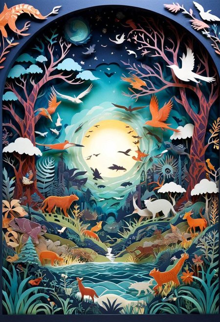 3D papercut shadow box of a parallel universe where animals have evolved to use technology, Patchwork Style, layered, dimensional, depth, silhouette, shadow, handmade, by various contemporary artists. 
concept-art, fantasy, epic, majestic, magical, dreamy, perspective, light and shadow, moody, epic, 
beautiful, painterly, aesthetic, textural, vivid, vibrant, intricate details, highly detailed, ultra-detailed, absurdres, 
aid291, ptchkrawk , paper-cut