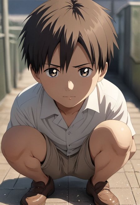 high resolution, solo, best quality, 1Boy, Takaki Toono, Brownish Hair, Brown Eyes, lofi, candid, squat, depth of field, photo model, looking at viewer, OverallDetail