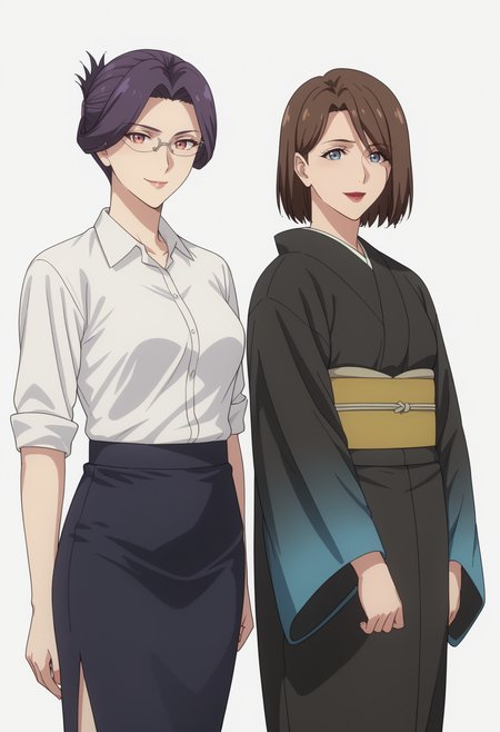 white background, ,2girl, smile, looking at viewer, standing, mature female, BREAK
score_9, score_8_up, score_7_up, source_anime,   <lora:DX888YumikaRaiha:1> ,  BREAK
tsuge raiha, purple hair, folded ponytail, red eyes, glasses,white shirt, pencil skirt,  BREAK
sakuraba yumika, brown hair, blue eyes, lipstick,bob cut, black kimono ,  BREAK