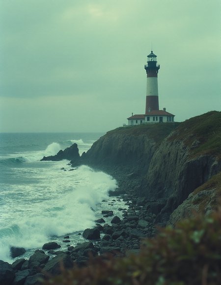 A movie still of a solitary old-fashioned lighthouse standing on a rocky coastline. Waves that are crashing against the shore. The photo is stylized and cinematic., VCTRN, analogstyle,  faded photograph <lora:e377b7657231499e9165dad83cdeb312_pytorch_lora_weights:0.8>  <lora:amateurphoto-6version:0.6> <lora:35mm_joycap:0.5>