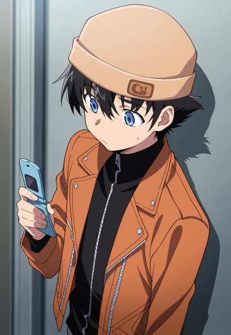 masterpiece,best quality,amazing quality, source_anime, 

YukiteruAmano, 1boy, male focus, solo, blue eyes, black hair, beanie, brown headwear, black shirt, turtleneck, zipper, jacket, brown jacket, open jacket, flip phone,