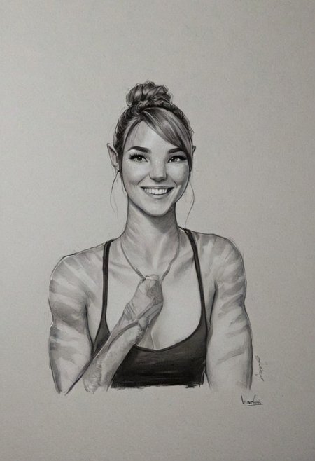 side view, digital painting by Shawn Coss and Sam Spratt in the style of Edwin Georgi of a cute fit 18 year old olympian's face and cleavage, huge smile, cinematic fashion shot, v neck <lora:EnvyStudioPortraitXL01:0.50>