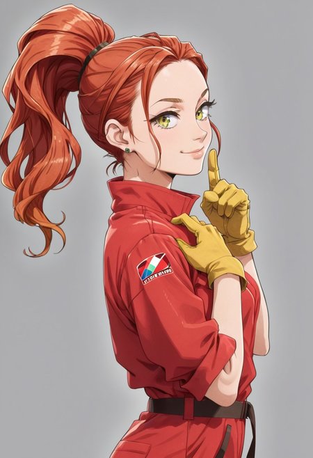 Masterpiece, mars_hdt, gorgeous, high quality, 1girl, solo, red hair, green eyes, red jumpsuit, ponytail, yellow gloves, green shoes, side view, looking at viewer, head tilt, seductive smile, finger on cheek, perfecteyes, highly detailed