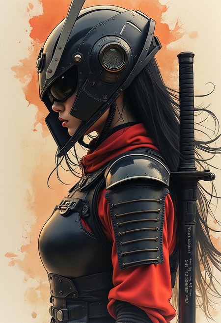 Expressive Watercolor Ink Wash, Inkplash art on rice paper, sepia, henna , Silhouette Art, magnificent, closeup portrait of asian female cyberpunk samurai, helmet with mirrored visor, hyperdetailed helmet, flowing black hair, reflective black and neon red armor, a katana strapped to her back, abstract background suggesting eastern temple