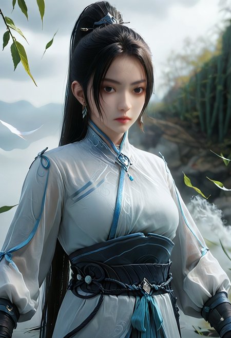 wuxia, ningyao, 1girl, solo, dress, long sleeve, earrings, medium breasts, hair ornament, black hair, closed mouth, expressionless, jewelry,(ponytail:1.1),long hair, (pale skin:1.5),(realistic skin:1.3),(white skin:1.3) A swords girl, An Asian woman with long black hair, dressed in a silky black ancient style complex, long sleeves, like a female immortal, light-colored lips,  full of high-end, frontal shot, artistic sense, high-end sense, , advanced photo, advanced tone filter, blurred, artistic scenery, wielding a long white sword. She holds the hilt with her right hand, facing the camera, her light blue fairy immortal Hanfu, white magic sword, long sword, the sword surface is sharp and flat, flying on the water, bamboo leaves floating in the air,lighting on sky , solo, high ponytail, digital art. ((light blue to white gradient background)),