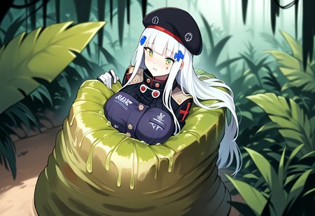 NSFW, looking down, masterpiece, best quality, amazing quality, very aesthetic, score_9,score_8_up, score_7_up, score_6_up, BREAK, official art, solo, outdoors, upper body, (portrait:1.5), looking at viewer, facing viewer, blush, hk416 (girls' frontline), hat,beret, black headwear, very long hair, white hair, x hair ornament, sidelocks, blunt bangs, green eyes, facial mark, teardrop, military jacket, purple jacket, clothes writing, uniform, white gloves, long sleeves, black sleeve, german flag, large breasts, skindentation, <lora:HK416(gf)-Pony:1.3>, (score_9, score_8_up, score_7_up, score_6_up, score_5_up, score_4_up), source_anime,<lora:vore_lower_body-2:1>, slime creature, restrained, vore, Like like, monster, <lora:Like like illus:1>, arms out, arms behind head, Creature massaging her, (jungle:1.2), (blushing), looking down, palmtree blurry background depth of field, (from above:1.3), arms down