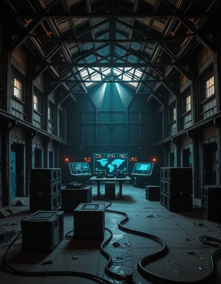 A dark, abandoned warehouse transformed into a villain's secret lair. The structure is massive and industrial, with rusted steel beams, shattered windows, and crumbling concrete walls covered in old graffiti. The floor is dusty and cracked, with scattered debris and oil stains. Dim red and blue lights glow from hidden sources, casting eerie, atmospheric shadows throughout the space. In the center, a high-tech command station glows with holographic maps, control panels, and futuristic computer screens. Advanced equipment, weapons racks, and strange scientific devices are neatly arranged on steel tables. Thick black cables snake across the floor and dangle from the ceiling. Makeshift metal dividers and reinforced crates create hidden zones for operations and storage. The setting is cinematic, mysterious, and tense, with dramatic lighting, high contrast between dark corners and glowing tech, and a realistic, moody art style â like a scene from a dystopian sci-fi thriller. No people or figures are present. 
<lora:SDXLFaeTastic2400:0.4> <lora:extremely_detailed:0.4> extremely detailed,villain secret l41r, <lora:villain_secret_l41r-i:1>, Masterpiece,best quality,hi res,8k,hi res,8k,award winning,(sharp focus, intricate, highly detailed),