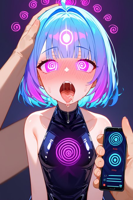 fellatio, latex girl, antro, holographic, iridescent dress, short colored hair, colorful,  big boobs<lora:Hypno_App_POV:1> mind control, hypnosis, mind control app, glowing spiral eyes, drooling, cellphone, score_9, score_8_up
