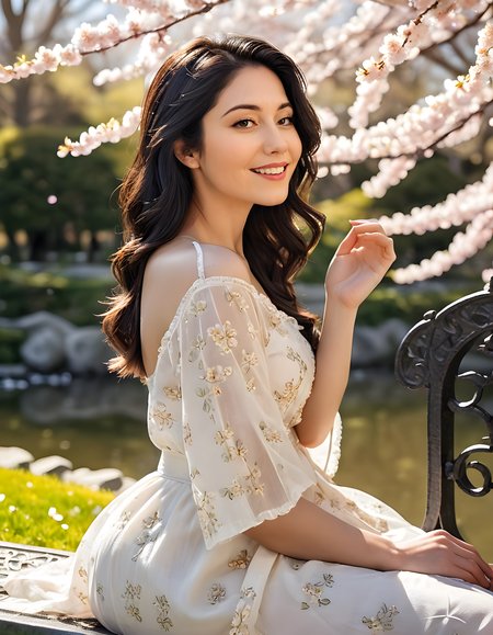 In a vibrant, sunlit park adorned with blooming cherry blossoms and a serene pond, the subject M4RY3W, a woman of radiant beauty, is captured from a low-angle perspective. She stands confidently with her back towards a wrought-iron bench, one hand casually resting on it while the other cradles her chin. Her raven-black hair cascades down her shoulders in loose waves, contrasting starkly against her parted lips that reveal an infectious smile, showcasing pearly white teeth. The soft sunlight filters through the delicate petals of the blossoms, casting a golden glow on her fair skin and highlighting the gentle curves of her face. A sense of tranquility and contentment permeates the scene, making M4RY3W appear as if she is lost in thought amidst the peaceful surroundings.