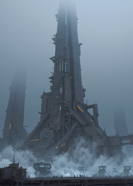 <lora:ck-Sci-Fi-Concepts:0.7>, in the style of ck-sfc, Visualize Artemis Station as a towering, enigmatic structure rising from a cold, fog-laden world. The massive spires stretch skyward, their dark metallic surfaces glistening with condensation from the mist. Each tower is adorned with intricate, glowing lines of orange and blue lights, hinting at the advanced technology within. The fog is thick at ground level, muffling sounds and creating an eerie, quiet atmosphere, while faint mechanical hums reverberate through the air. In the distance, other towering monoliths fade into the fog, creating a sense of endlessness. The lighting is soft and diffused, with occasional beams piercing through the fog from docking bays, casting long, dramatic shadows. The camera is set at ground level, looking up at the overwhelming scale of the station, emphasizing its imposing and mysterious nature. no humans.
<lora:flux.1_lora_flyway_Epic-detail_v2:0.6>
 <lora:CPA:0.5>
 <lora:BLUE_mk4_angel_FLUX_01:0.30>