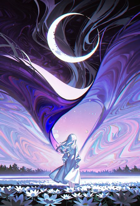 <lora:iumu_kam-illustriousXL_v01_V1-CAME-000035>, iumu_kam, 1girl, solo, long hair, standing, flower, chromatic aberration, dress, from behind, facing away, abstract, abstract background, white hair, long sleeves, purple theme, arms at sides, wide shot, moon, white flower, white dress, nature, full body, surreal, crescent moon