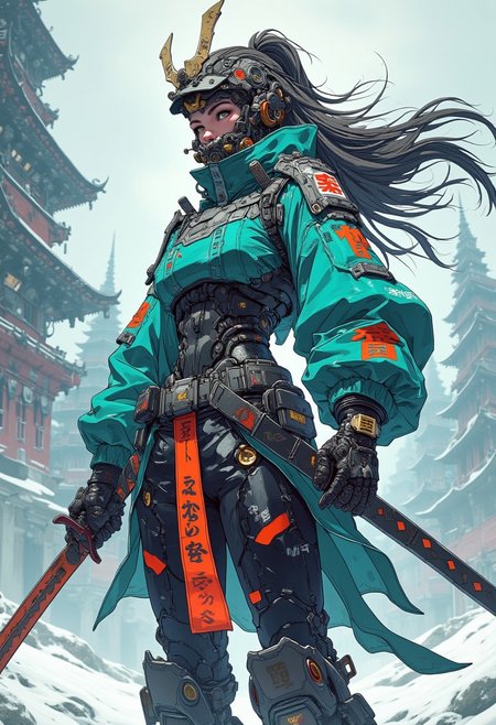 cyberpunk anime style, a stunning japanese female warrior, long flowing hair, wearing samurai armour and helmet, holding a katana with both hands on a snowy battlefield, theme in teal, red and black colour, high quality, highly detailed