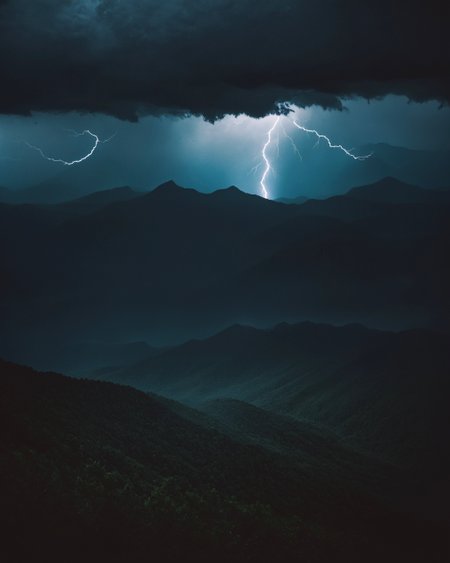 cinematic photography, photo of an endless mountain range, jagged peaks in the dark, no signs of civilization, intense thunderstorm with lightning and pouring rain, storm clouds with visible blue light, full view, Appalachian mountains at night, chiaroscuro lighting, eye level, Canon EOS 5D, Tri-X 400, 50mm, lens flare.