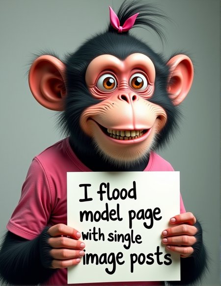 caricature of incredibly silly smiling monkey with huge eyes and rabbit teeth wearing pink shirt , on top of the head hair pinned with ribbon , holding sigh with text "I flood model page with single image posts" written with black ink