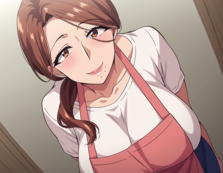score_9, score_8_up, score_7_up, source_anime,
yumikokimura, <lora:yumiko-kimura-ova-ponyxl-lora-nochekaiser:1>,
yumiko kimura, long hair, brown eyes, mole, huge breasts, mole under mouth, mature female,
skirt, brown hair, apron, shirt, white shirt, pink apron, blue skirt, ponytail, hair over shoulder,
indoors, bent over, smile,
cowboy shot, looking at viewer, solo, dutch angle,