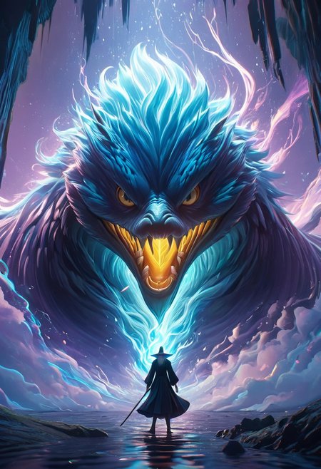 Dave the Duck facing giant alien monsters, whimsical fantasy scene, Gandalf the Grey battling Voldemort in the background, pure magic flowing through the air, vibrant colors, dreamlike atmosphere, digital art, art by Yuumei and Ross Tran, 8k resolution, concept art with a focus on environmentalism and femininity, characters in action, pastel colors, detailed and imaginative composition. 
concept-art, fantasy, epic, majestic, magical, dreamy, perspective, light and shadow, moody, epic, 
beautiful, painterly, aesthetic, textural, vivid, vibrant, intricate details, highly detailed, ultra-detailed, absurdres, 
novuschroma53 style, DonMM4g1cXL, aid291, bosstyle