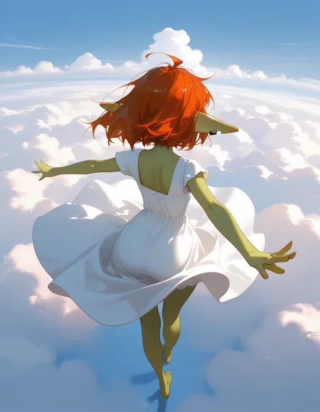 dino \(dinoartforame\), sho \(sho lwlw\), ask \(askzy\), ame929, anna \(drw01\), dokuro deluxe, 1girl, solo, outstretched arms, cloud, spread arms, sky, from behind, from above, facing away, shadow, cloudy sky, barefoot, short sleeves, sundress, floating hair, floating clothes, above clouds, (masterpiece, best quality, ultra-detailed, absurdres, newest, detailed textures, correct anatomy,  very aesthetic:1), <lora:goblin:0.7>, goblin, short stature, shortstack, long pointed ears, big eyes, torn ears, single fang out, earclip, giant ears, colored skin, green skin, freckles, red hair, messy hair, ahoge, yellow eyes, wide hips, small breasts