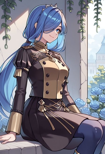 masterpiece, best quality, 1girl, solo, <lora:gmuniform1-illu-nvwls-v1:1> gmuniform1, black jacket, gold trim, puffy sleeves, black buttons, black skirt, blue pantyhose    <lora:illustrious_XL_dana:1.0>,dana,hair over one eye,smile,sitting,flower,plant,blue flower,vines,very long hair