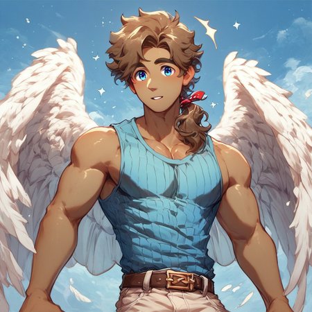 score_9, score_8_up, score_8, score_9, gay, 1boy, fullbody, dynamic pose, a male adult Skypiean (with small white angel wings on his back). He is muscular with a prominent chest, dark brown skin, dark blue eyes, wavy copper-brown hair tied in a single ponytail that falls over his shoulder. He wears an open light blue sleeveless shirt that reveals his torso, light beige shorts featuring hems and pockets. His thick double belt has a copper-colored buckle, sky background, sparkle