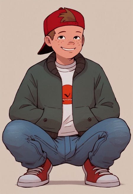 score_9, score_8, score_7, looking at viewer, bluejeans, smile, red hat, backwards hat, shirt, jacket, brown hair, freckles, 1boy, solo, full body,  squatting, Bulge,