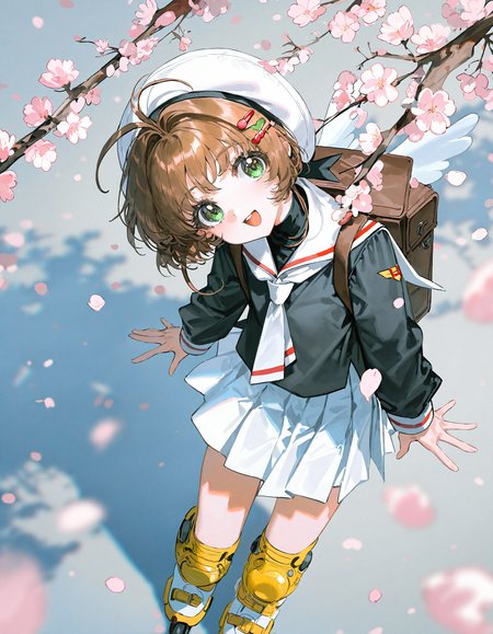 yoneyama mai, rella,  quasarcake:0.7, rolua, optical illusion, negative space, retro_artstyle, retro,
masterpiece, highres, absurdres, newest,
roller skates, 1girl, brown hair, kinomoto sakura, white skirt, inline skates, skates, tomoeda elementary school uniform, cherry blossoms, school uniform, skirt, green eyes, white headwear, bag, backpack, open mouth, hat, 1990s (style), petals, short hair, smile,  pleated skirt, hair bobbles, :d, knee pads, bangs, looking at viewer, serafuku, antenna hair, hair ornament,  black shirt, wings, long sleeves, neckerchief, sailor collar, outdoors, shirt, day, looking at viewer, head up, head tilt,from above,
, simple background,
 <lora:ponyv4_noob1_2_adamW:0.5>,