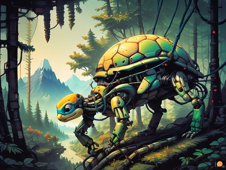 score_9, score_8_up, score_7_up, score_6_up,  <lora:cyb0rgXLP:0.8> cyb0rg, science fiction, cable, mechanical parts, forest, scenery, mountains, turtle, feral